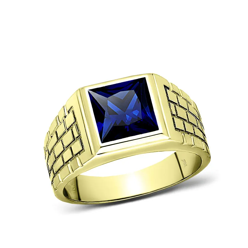 10k Gold Band Ring for Men with Blue Sapphire Gemstone