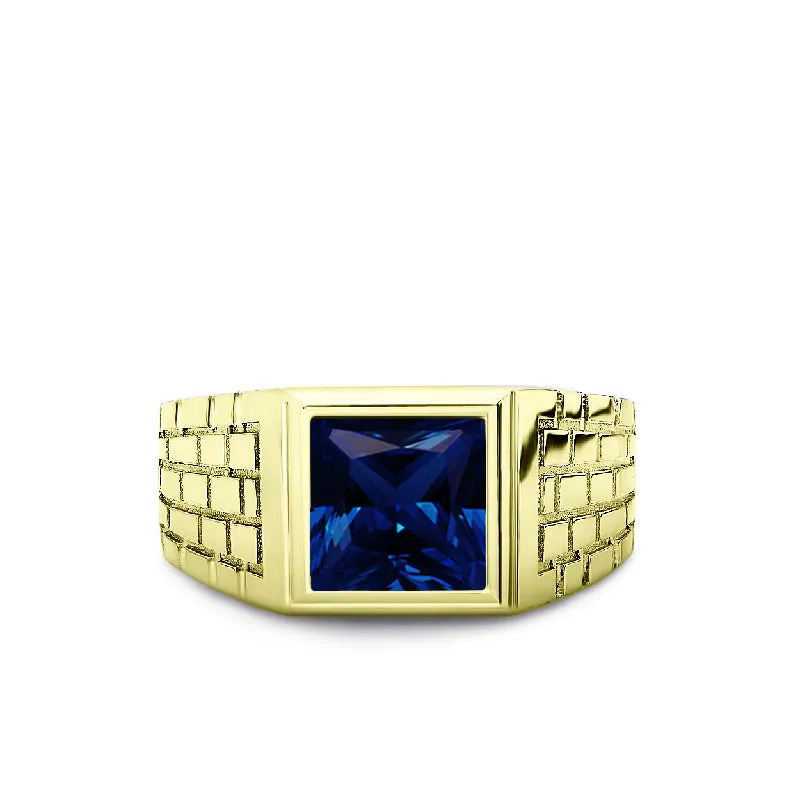 10k Gold Band Ring for Men with Blue Sapphire Gemstone