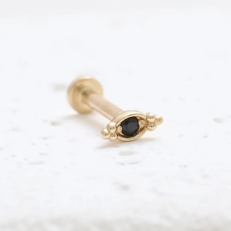 14K Gold Cartilage Helix Tragus Conch Black Diamond Evil Eye Internally Threaded Flat Back Earring Labret