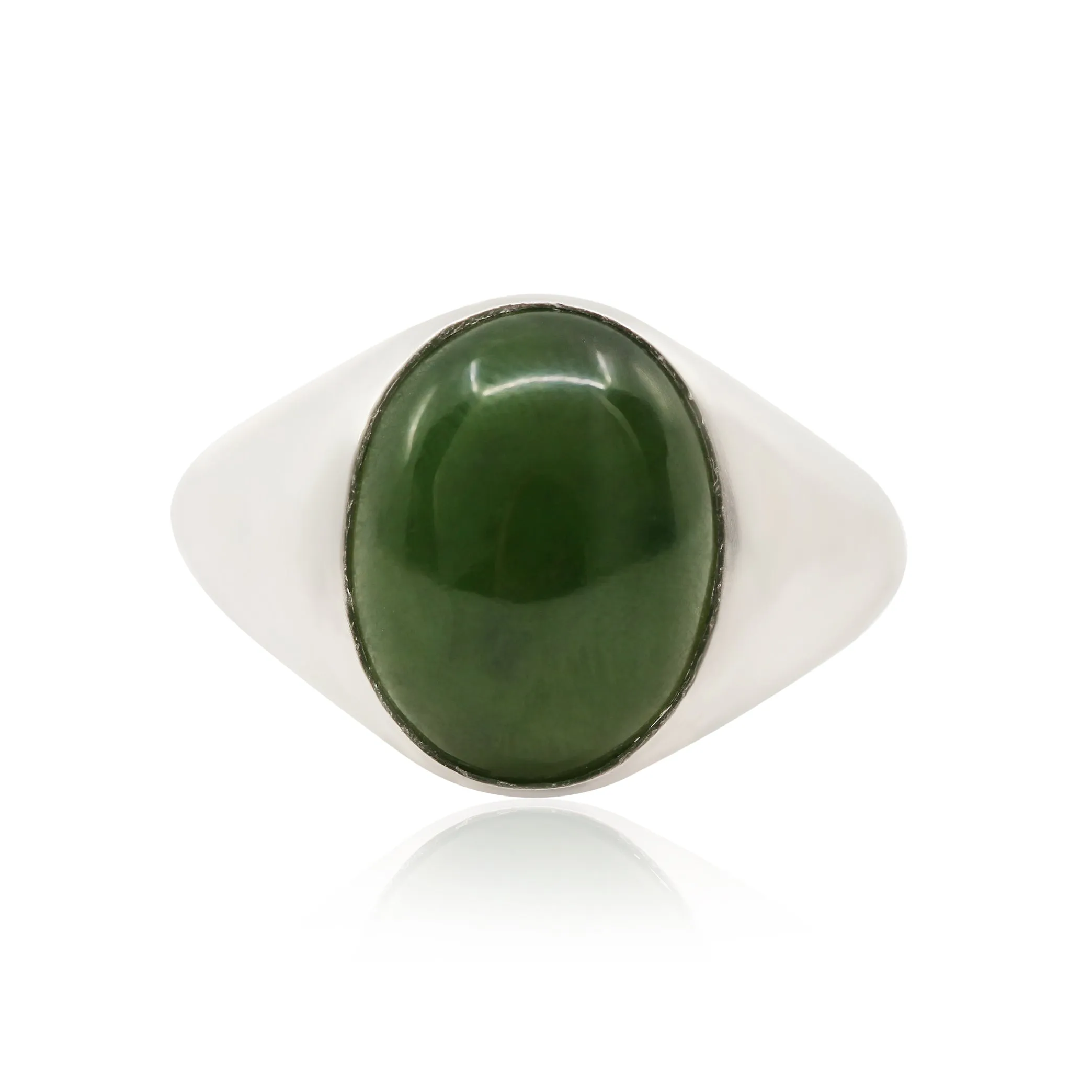 14K WHITE GOLD SIGNET-STYLE RING WITH A CABOCHON NEPHRITE JADE