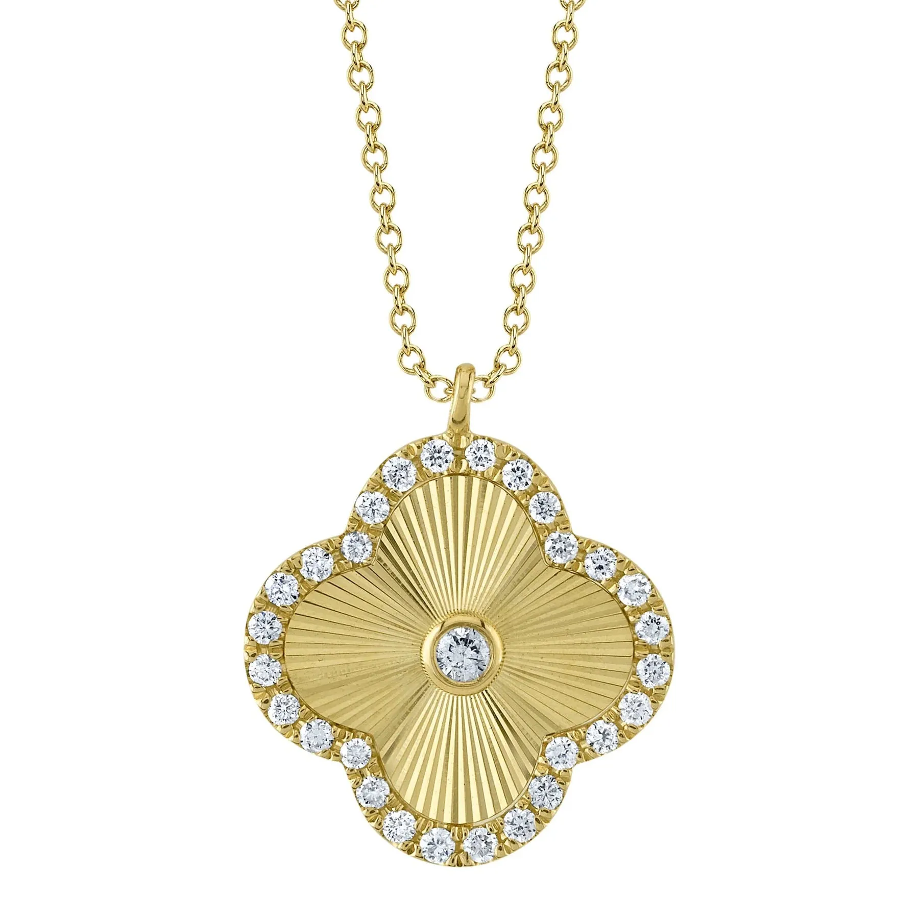 14K Yellow Gold Diamond Fluted Clover Pendant Necklace