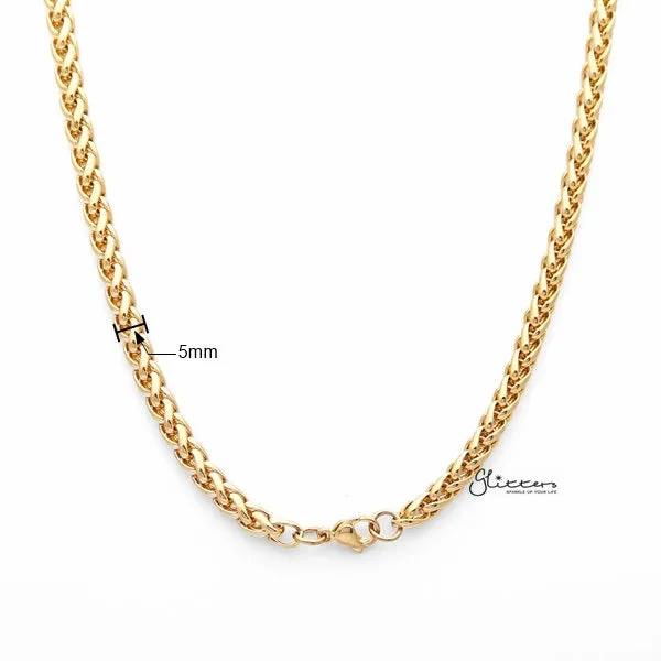 18K Gold I.P Stainless Steel Braided Wheat Chain Men's Necklaces - 5mm width | 61cm length