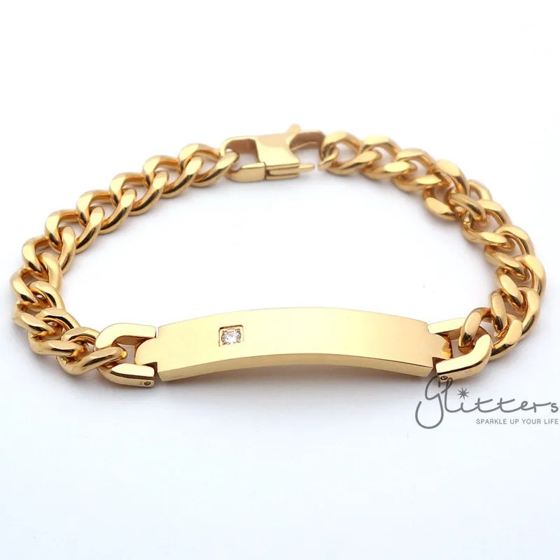 18K Gold Plated Stainless Steel Men's ID Bracelet with A Cubic Zirconia Stone