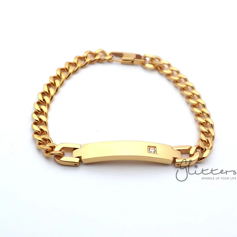 18K Gold Plated Stainless Steel Men's ID Bracelet with A Cubic Zirconia Stone