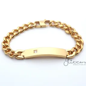 18K Gold Plated Stainless Steel Men's ID Bracelet with A Cubic Zirconia Stone