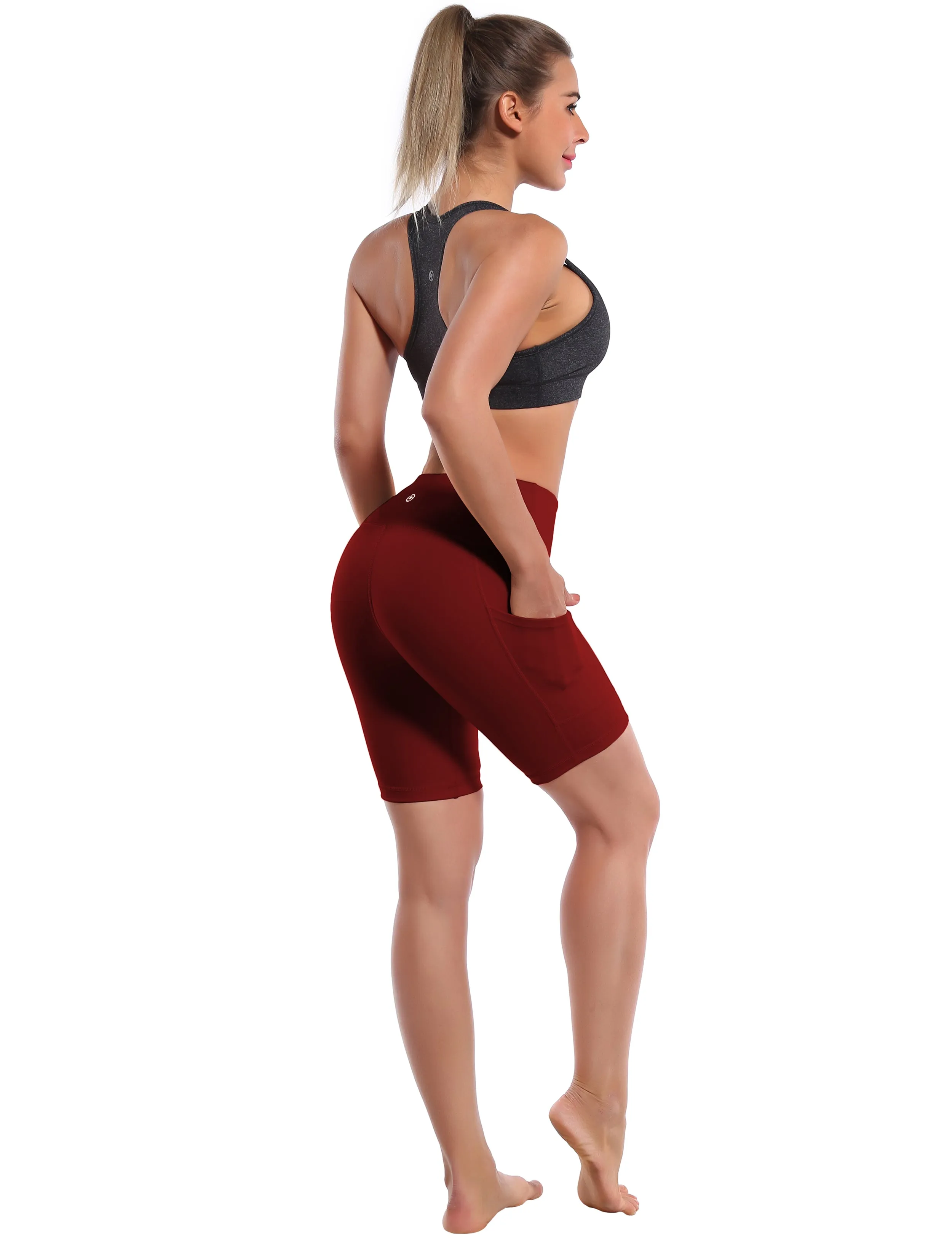 8" Side Pockets Yoga Shorts cherryred