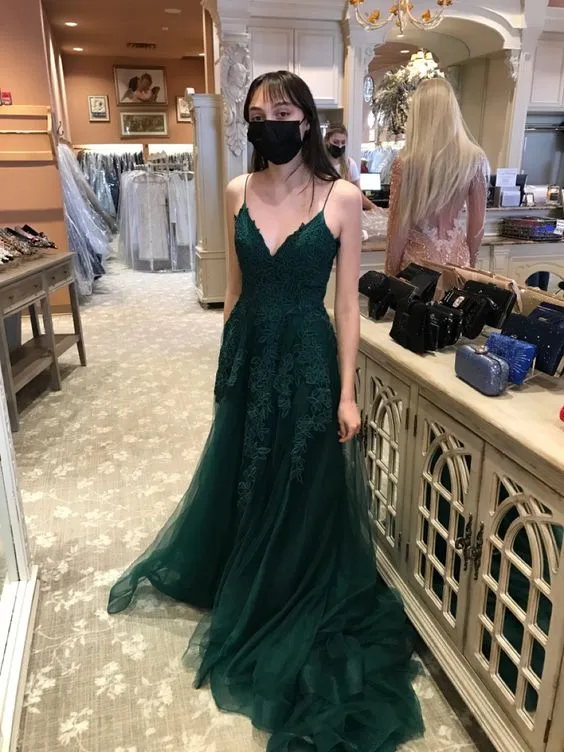 A-line Green Lace Tulle Prom Dress Generous High School Graduation Dress Y706