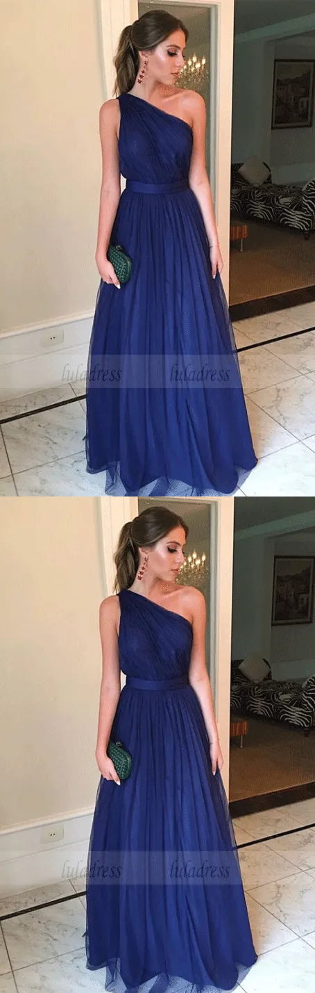 A-Line One-Shoulder Floor Length Blue Tulle Evening Prom Dress,BW97235