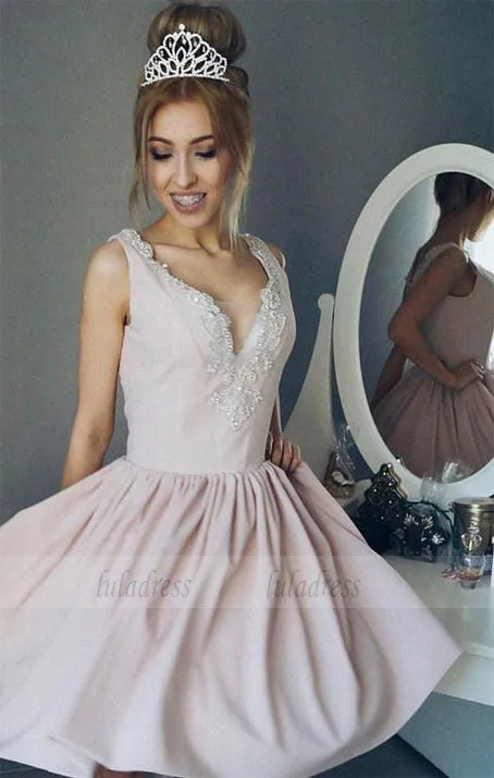 A-Line V-Neck Ruched Short Pearl Pink Satin Homecoming Dress with Beading,Mini Prom Dress,BD98419