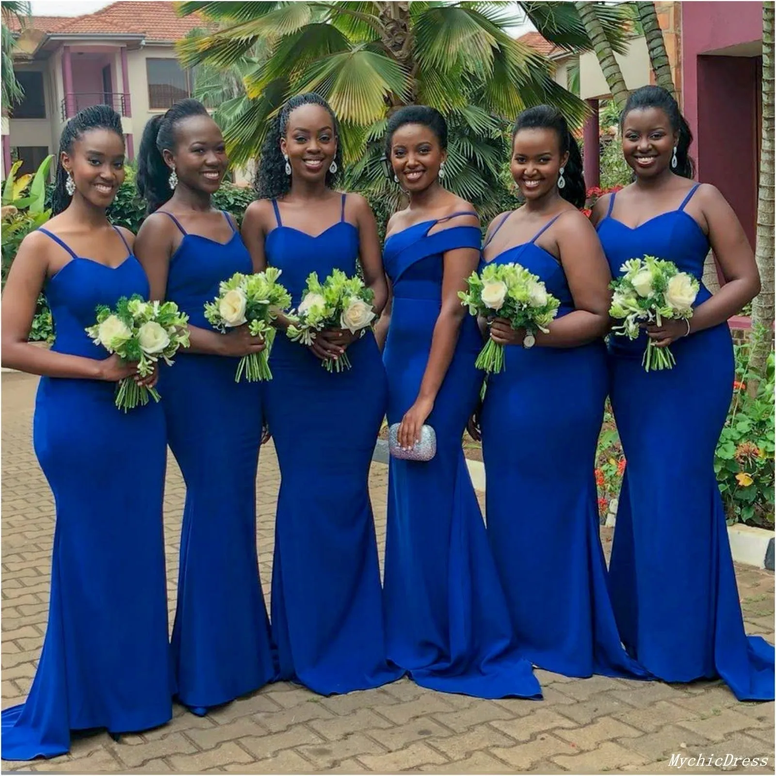 African Satin Blue Mermaid Bridesmaid Dresses Spaghetti Straps Wedding Guest Dress,BD240651