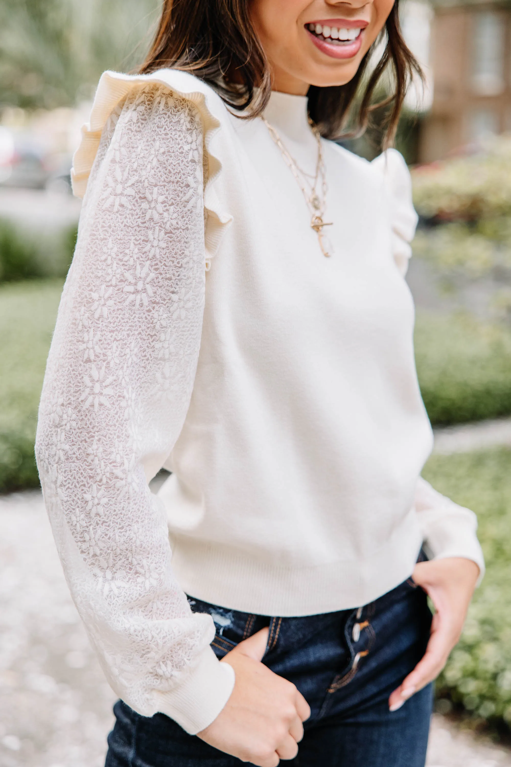 All Around The Way Natural White Ruffled Sweater