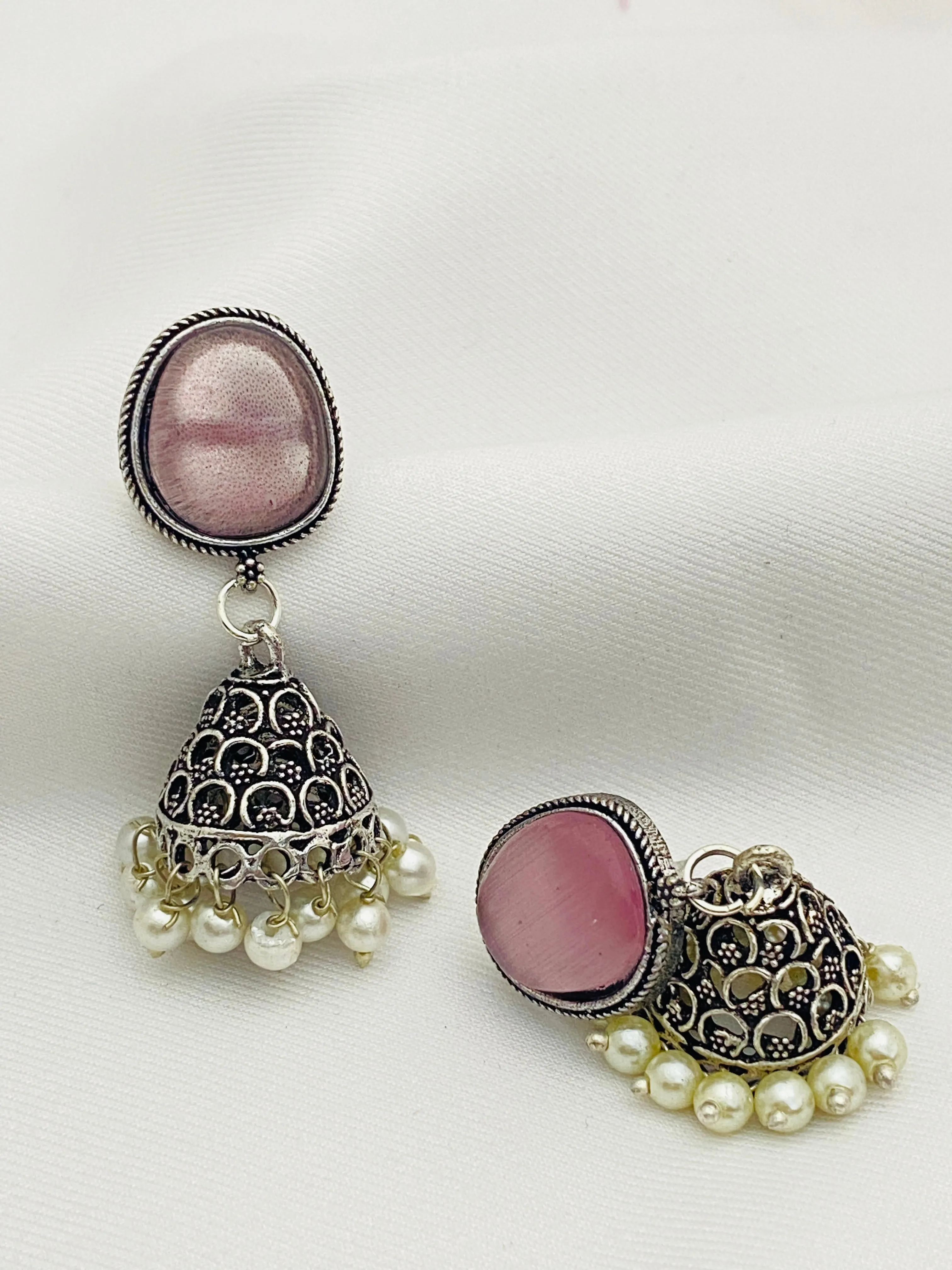 Alluring Light Pink Silver Designer Oxidized Earrings For Women