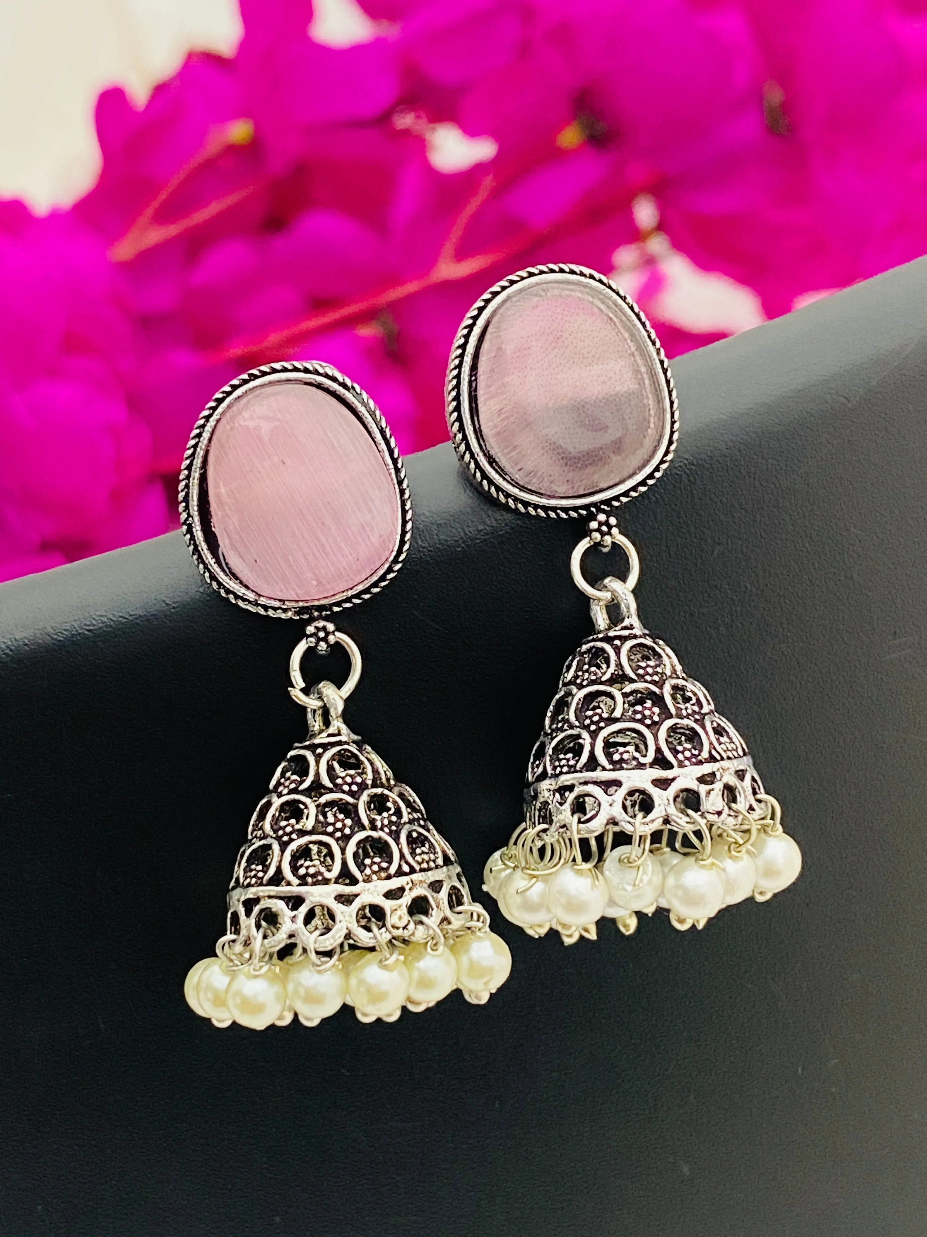 Alluring Light Pink Silver Designer Oxidized Earrings For Women