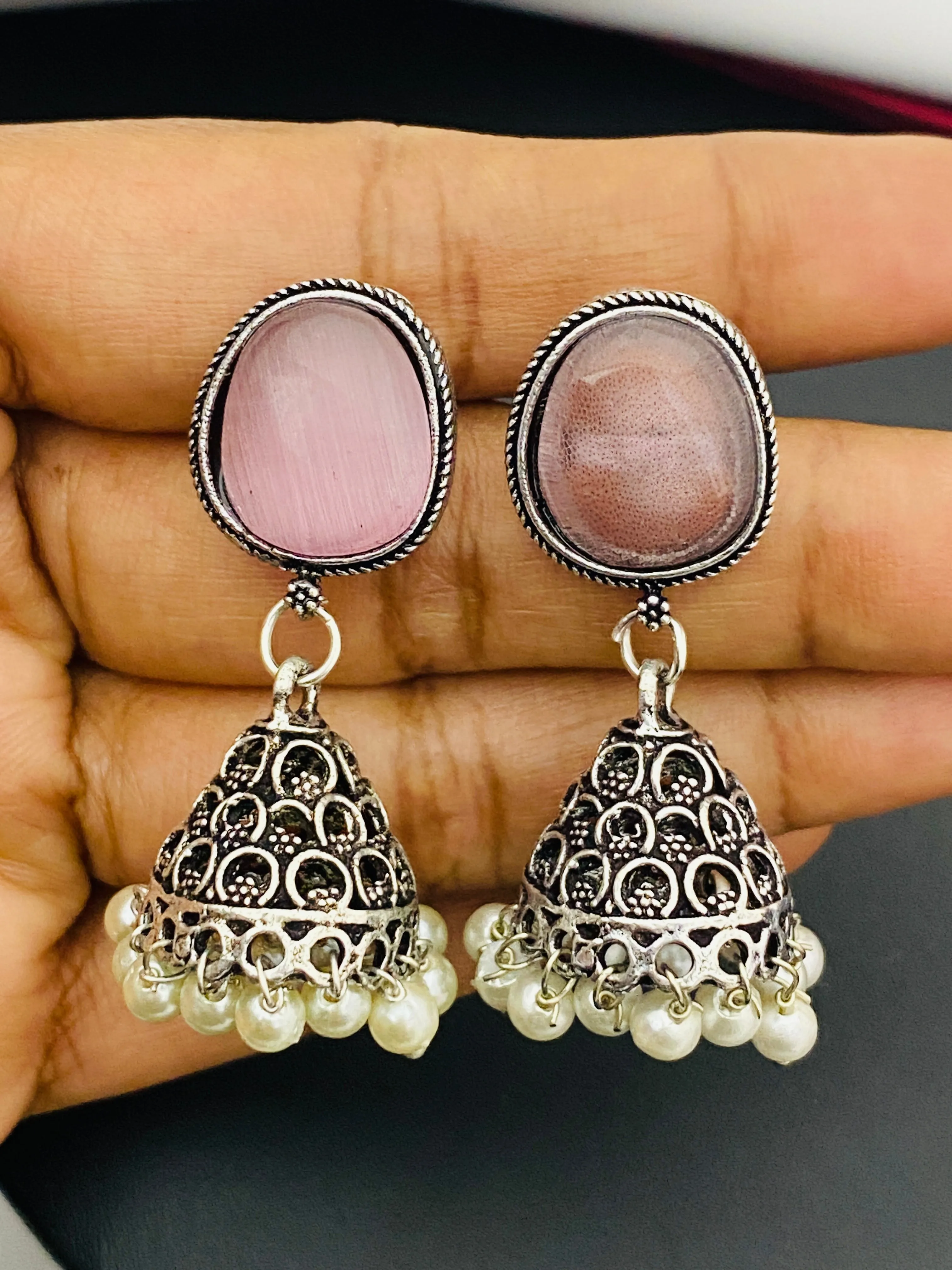 Alluring Light Pink Silver Designer Oxidized Earrings For Women