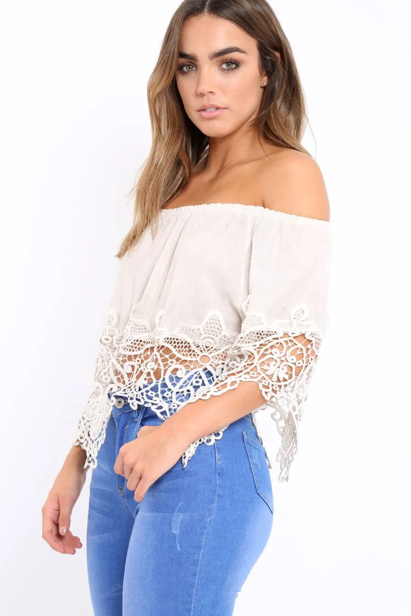 Beige Bardot Crochet Top - Liv