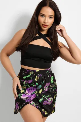 Black Abstract Print Overlayed Mini Skirt