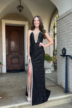 Black V Neck Sequin Mermaid Long Prom Dresses,BD93223