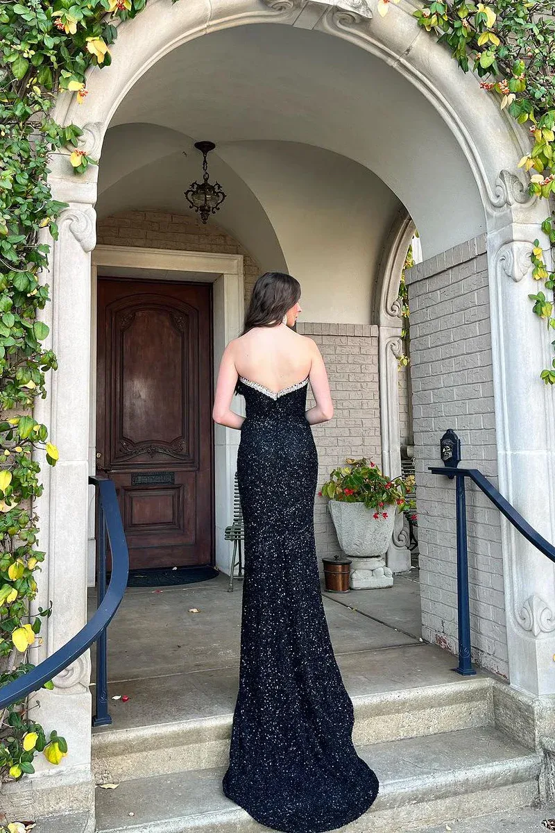 Black V Neck Sequin Mermaid Long Prom Dresses,BD93223