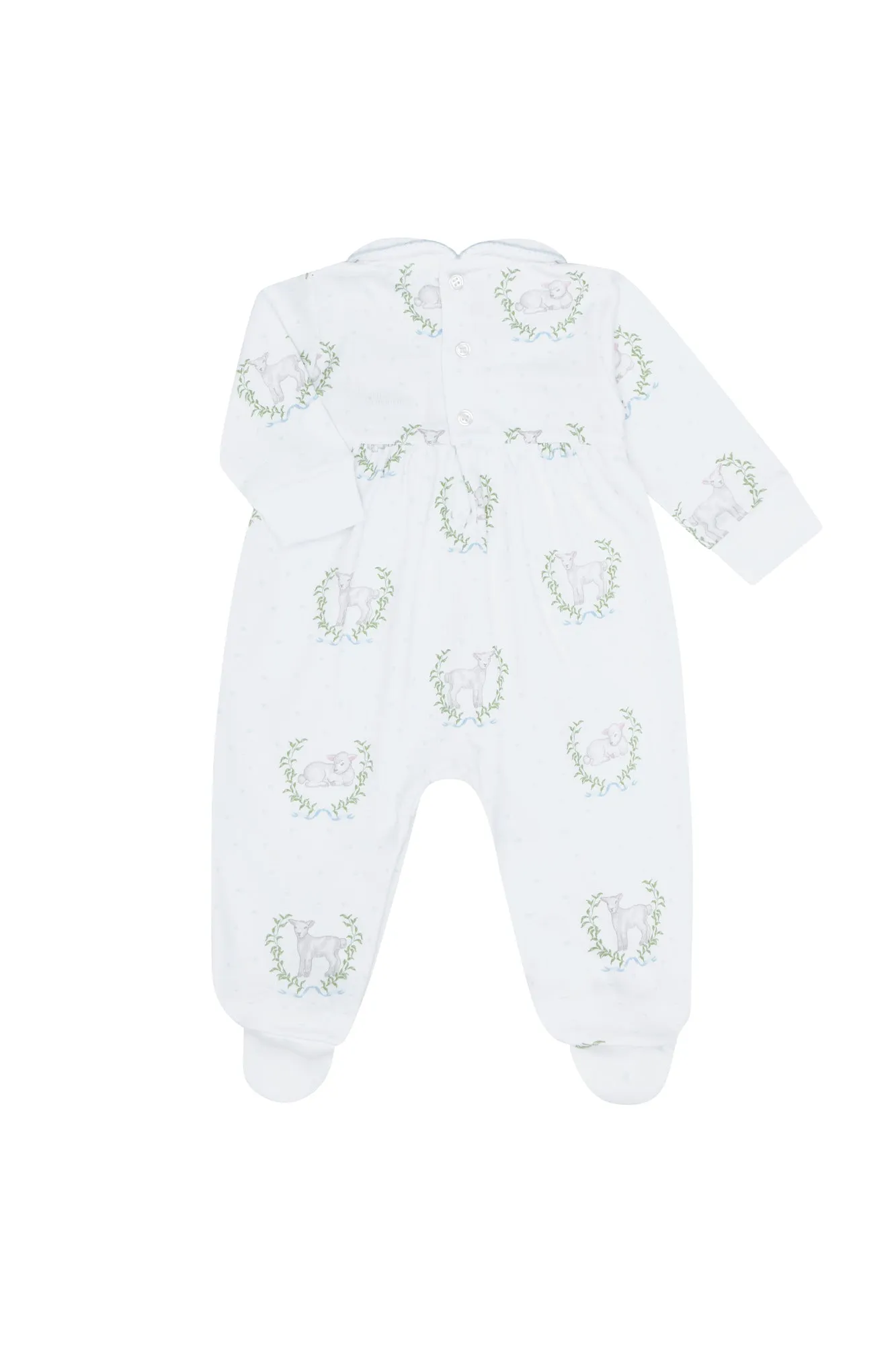 Blue Lamb Print Smocked Footie