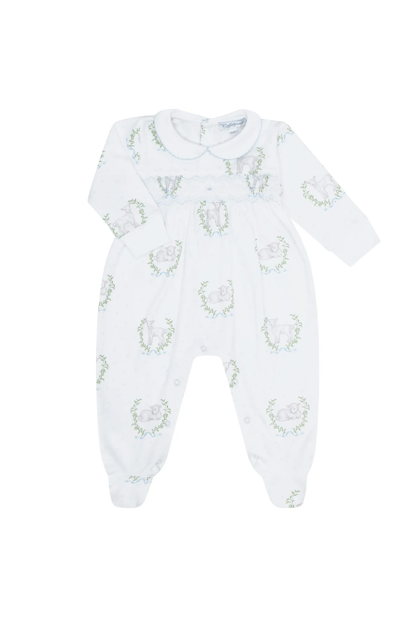 Blue Lamb Print Smocked Footie