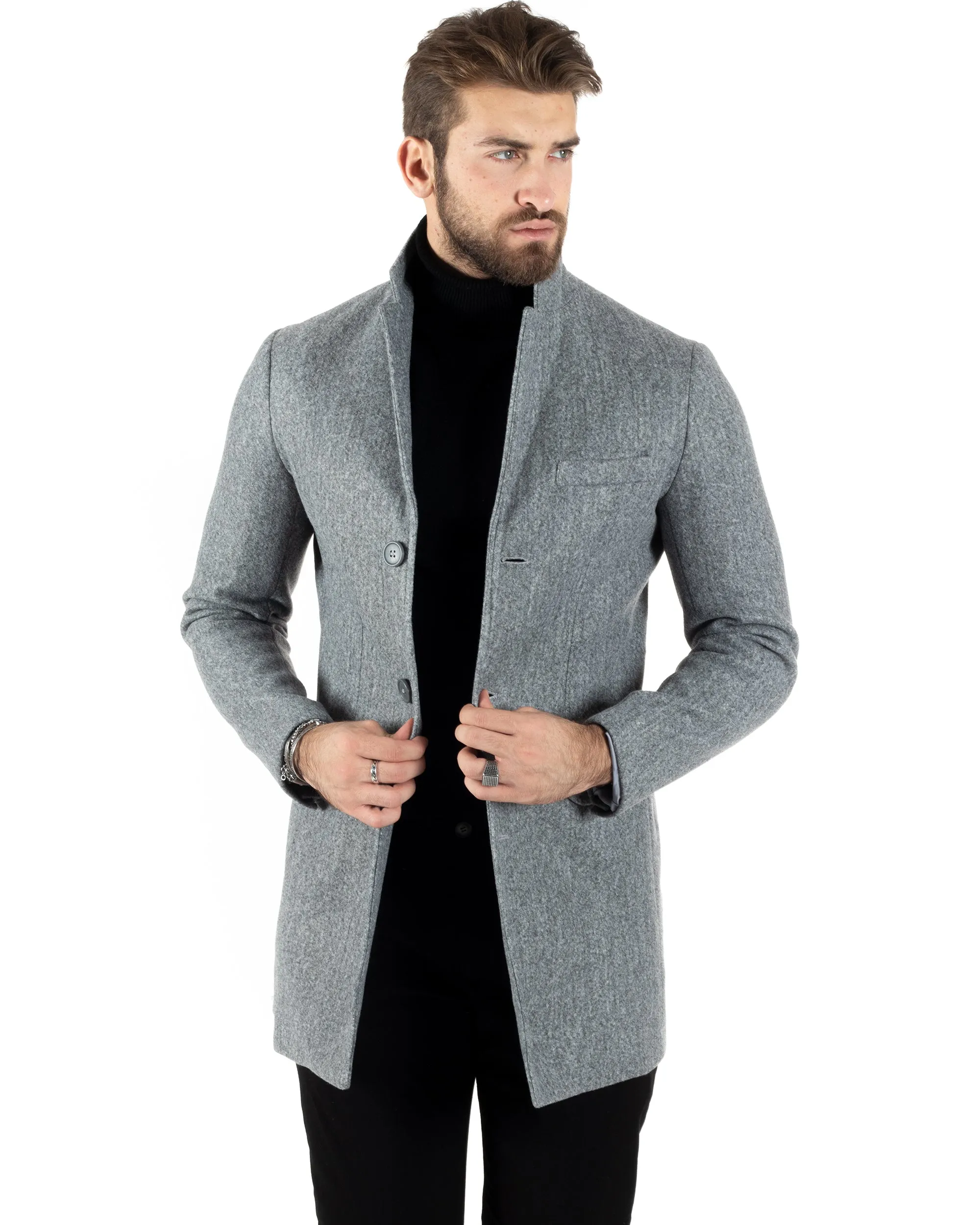 Cappotto Monopetto Uomo Giacca Colletto Reverse Giaccone Tinta Unita Grigio Baronetto Elegante GIOSAL-CO1021A