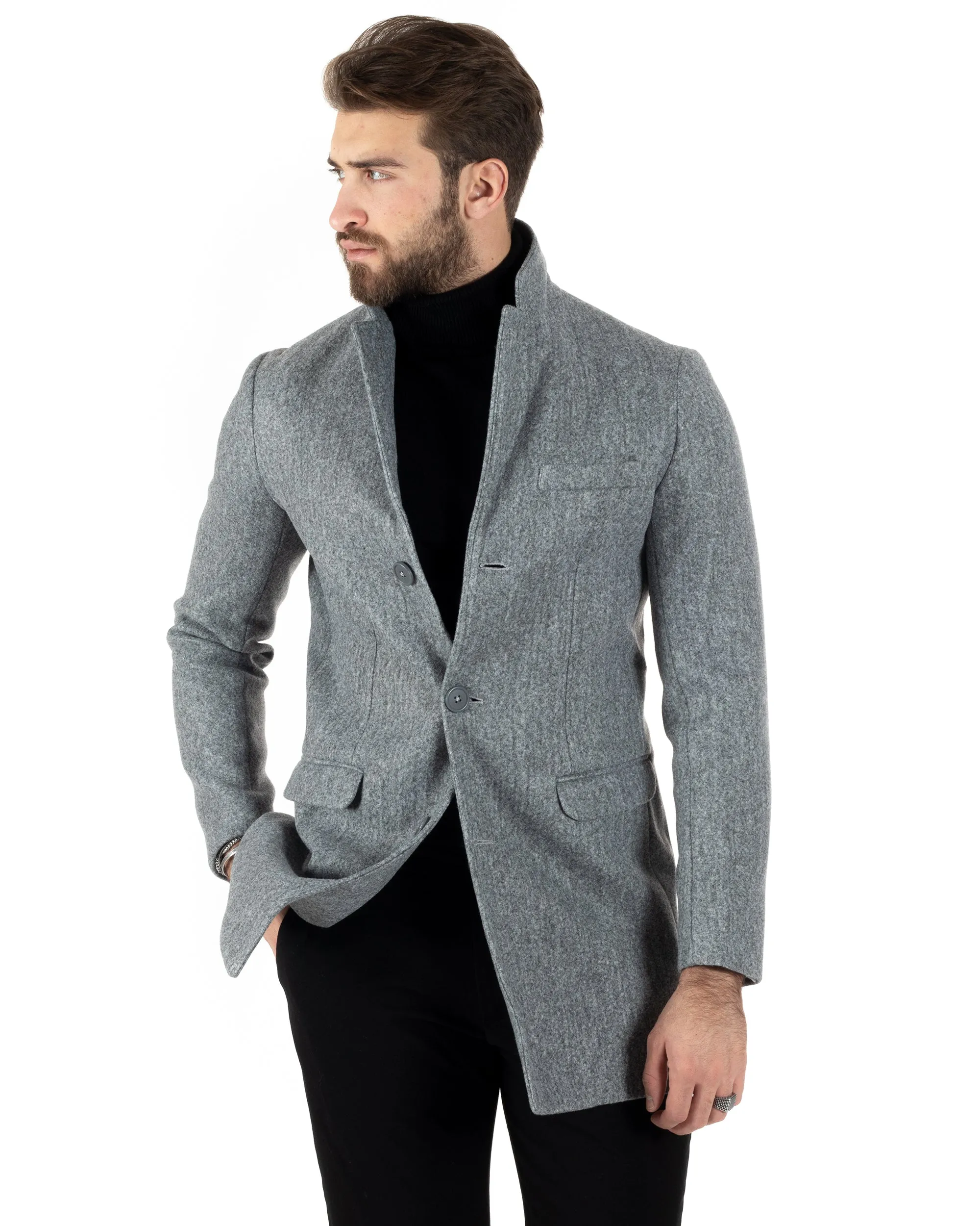 Cappotto Monopetto Uomo Giacca Colletto Reverse Giaccone Tinta Unita Grigio Baronetto Elegante GIOSAL-CO1021A