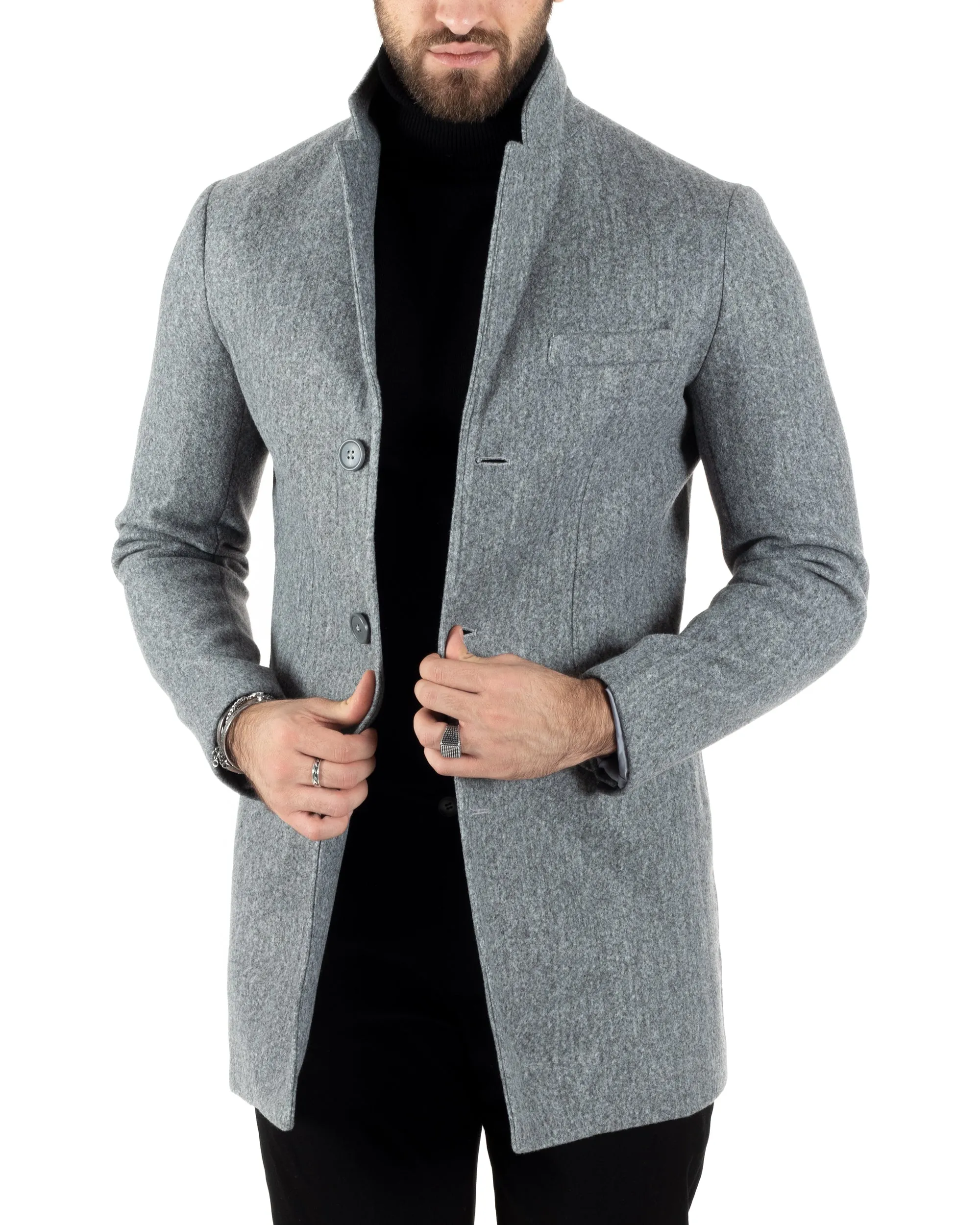 Cappotto Monopetto Uomo Giacca Colletto Reverse Giaccone Tinta Unita Grigio Baronetto Elegante GIOSAL-CO1021A