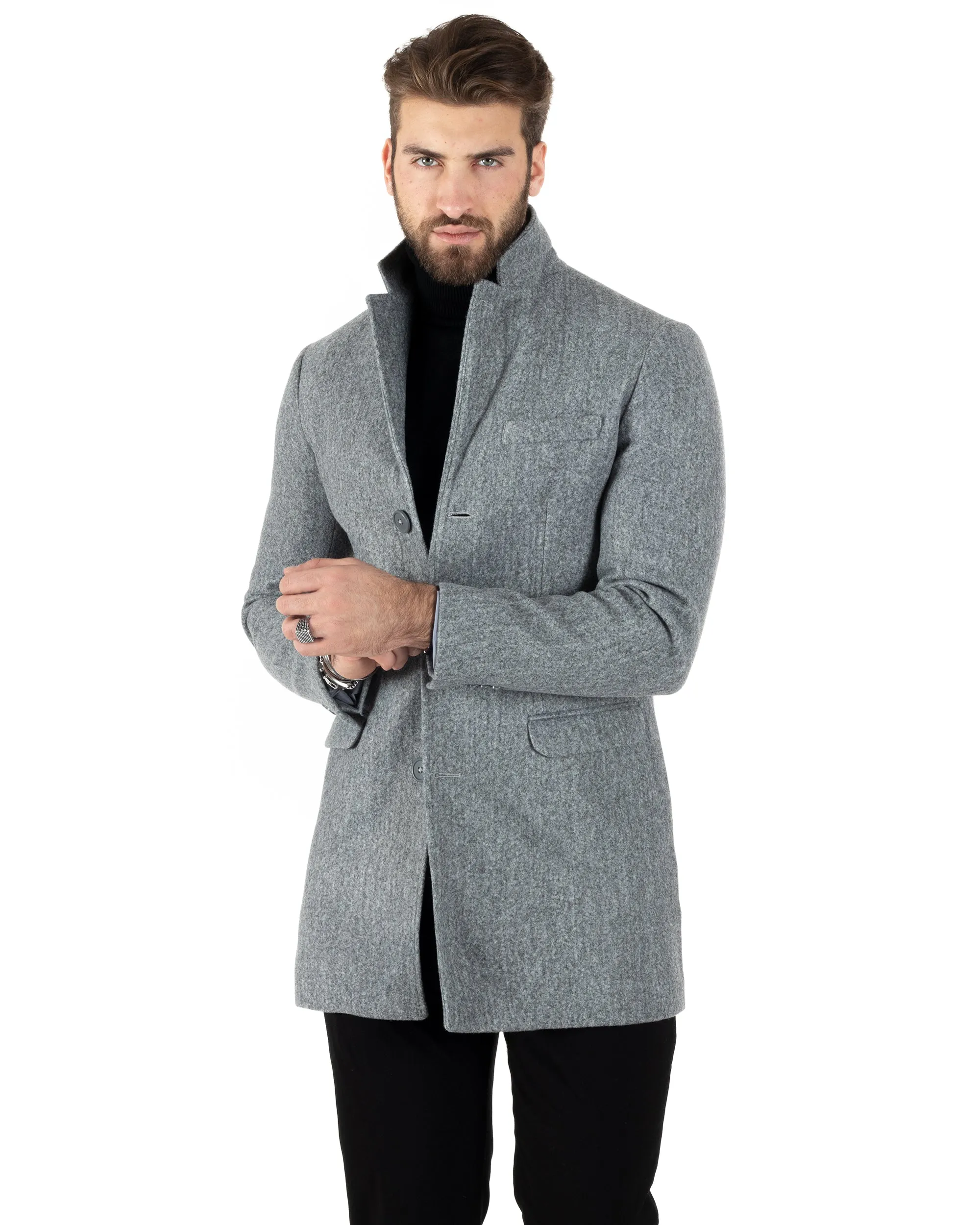 Cappotto Monopetto Uomo Giacca Colletto Reverse Giaccone Tinta Unita Grigio Baronetto Elegante GIOSAL-CO1021A