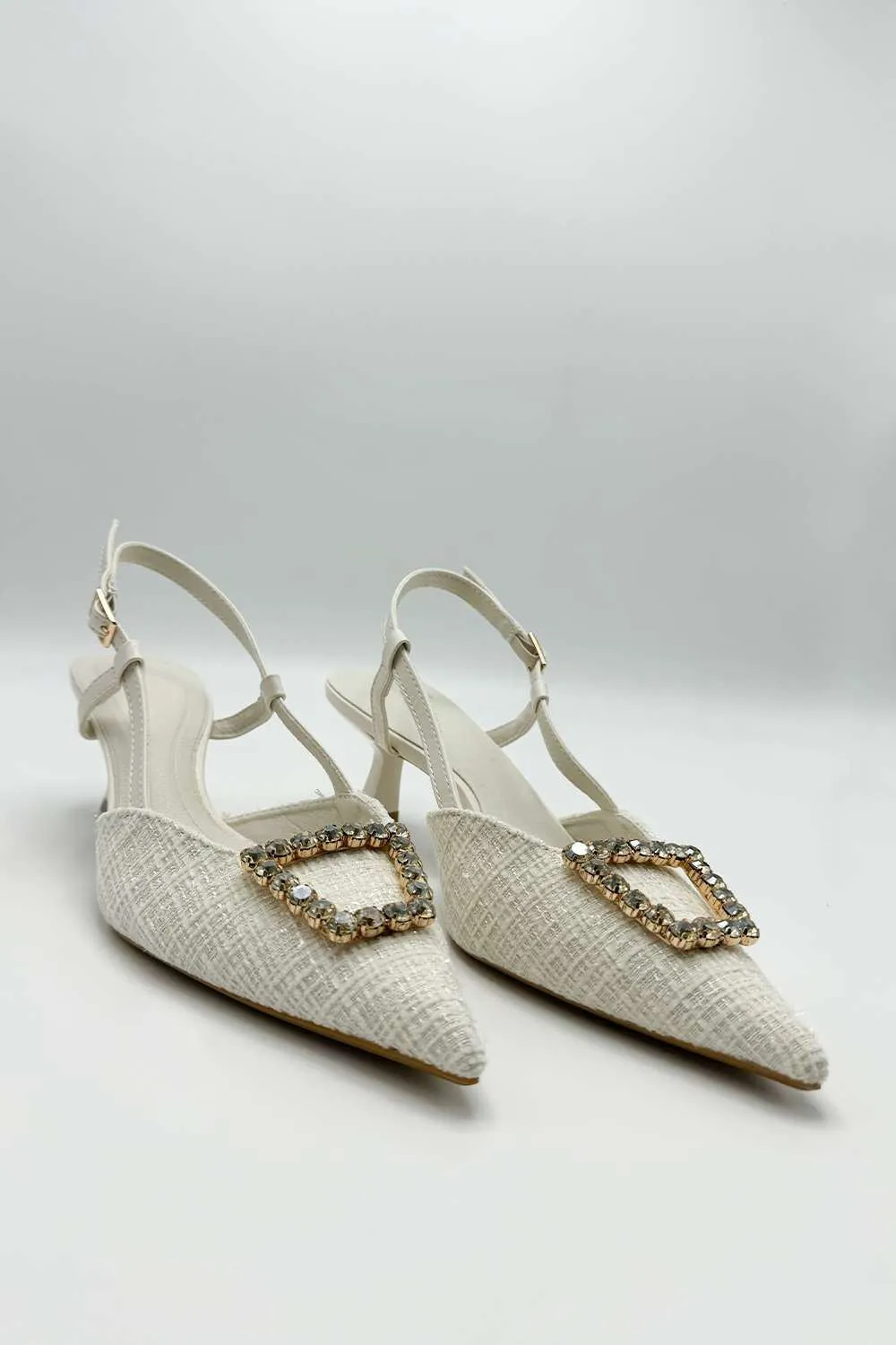 Clarrine Diamante Brooch Detail Pointed Toe Court Shoes in Beige