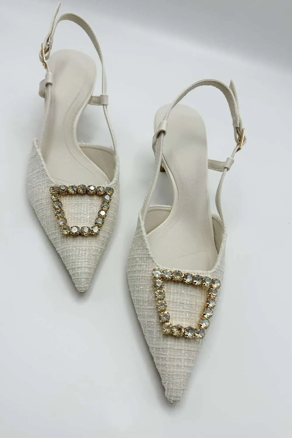 Clarrine Diamante Brooch Detail Pointed Toe Court Shoes in Beige