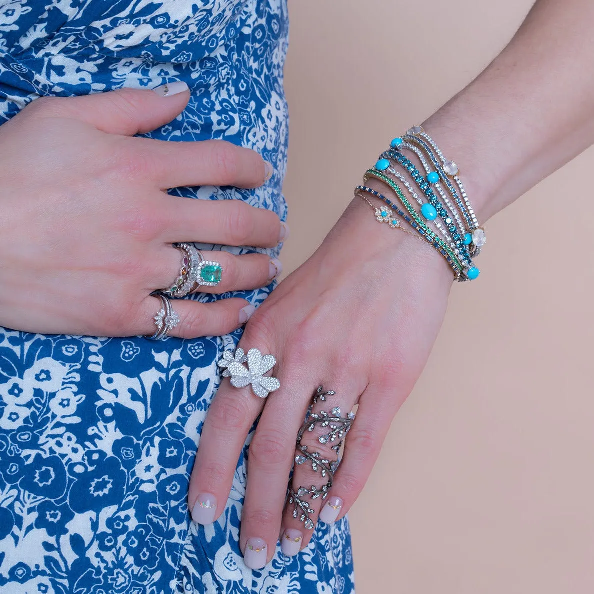 Delicate Double Diamond & Turquoise Flower Bracelet