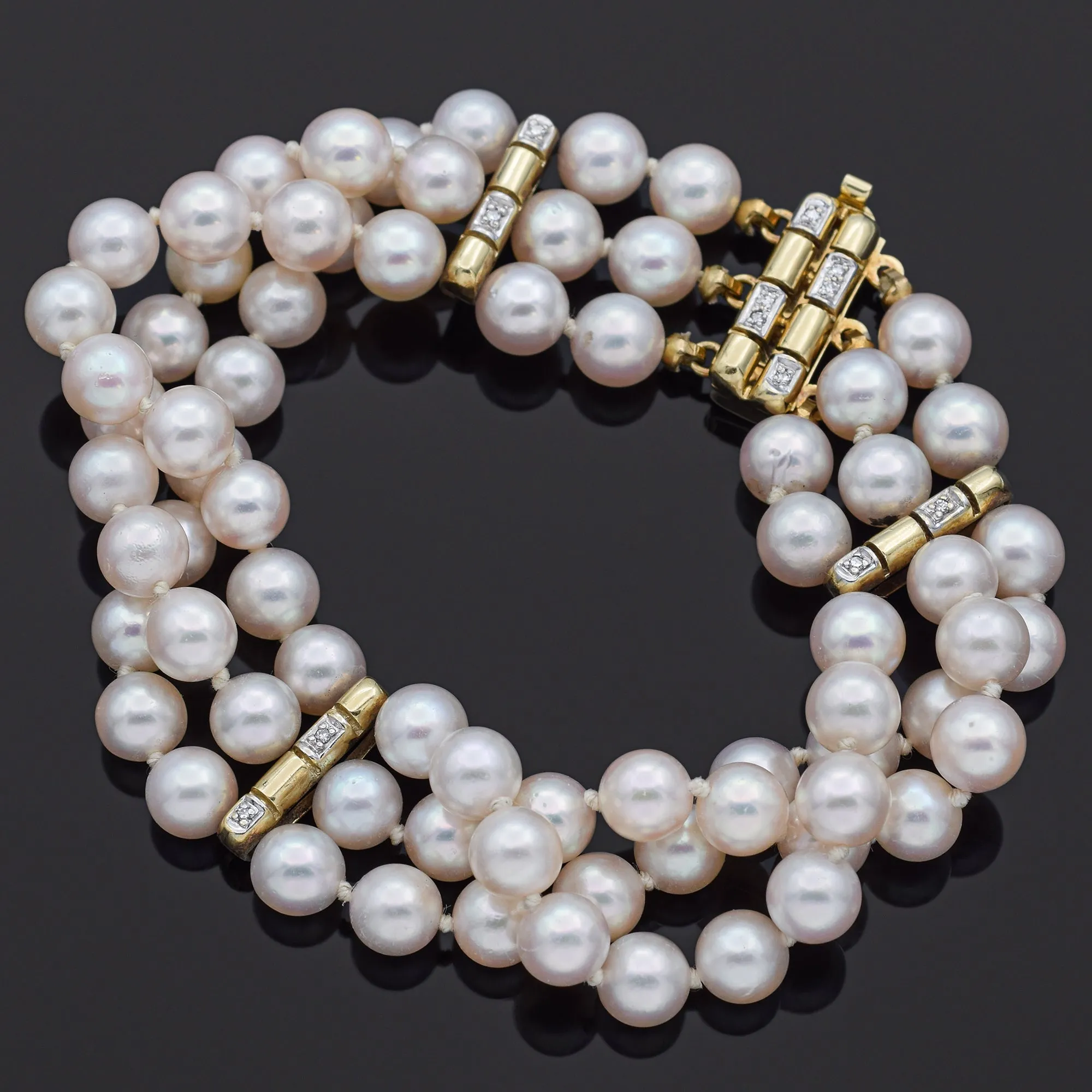 Estate Pearl & Diamond 14K Yellow Gold Multi-Strand Bracelet