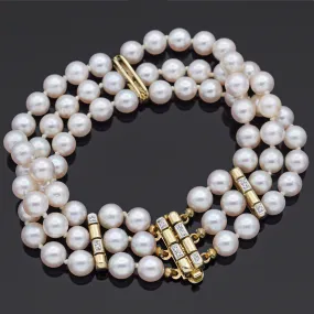 Estate Pearl & Diamond 14K Yellow Gold Multi-Strand Bracelet