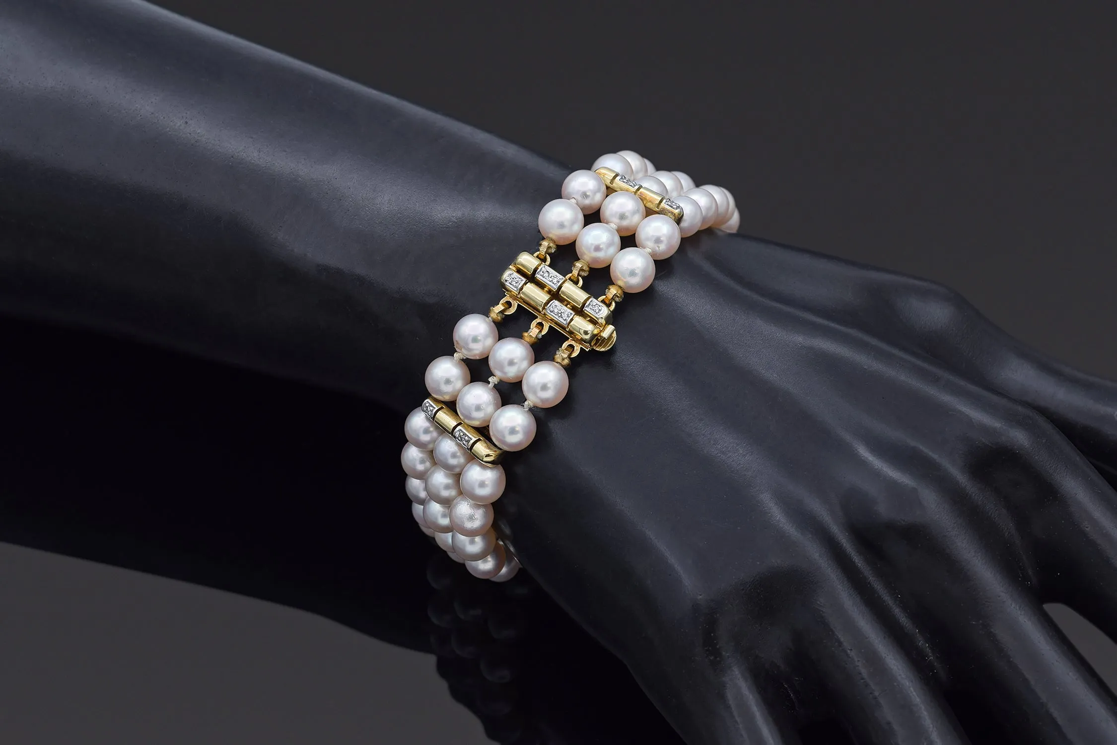 Estate Pearl & Diamond 14K Yellow Gold Multi-Strand Bracelet