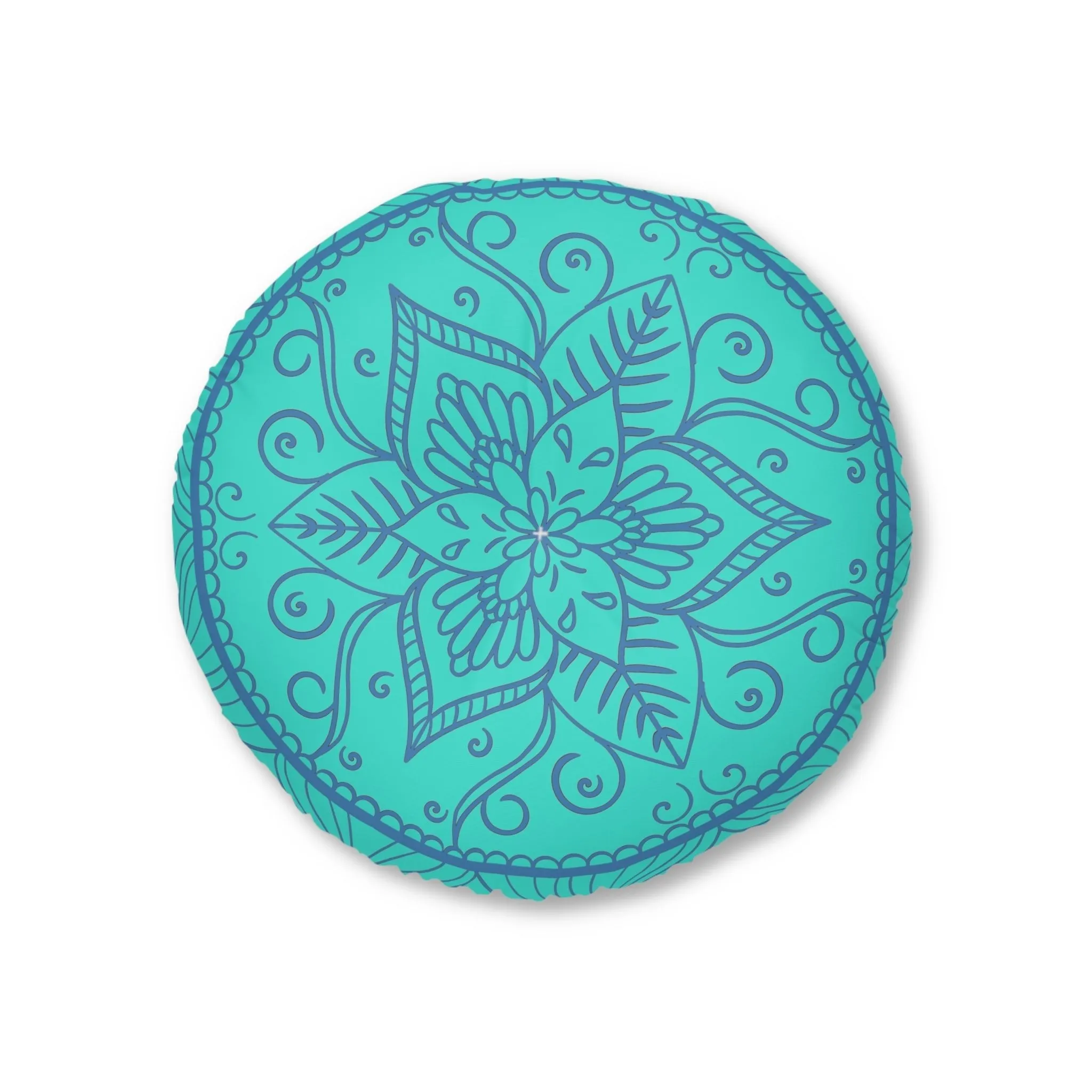 Handmade Mandala Art Floor Cushion - Steel Blue on Turquoise Background