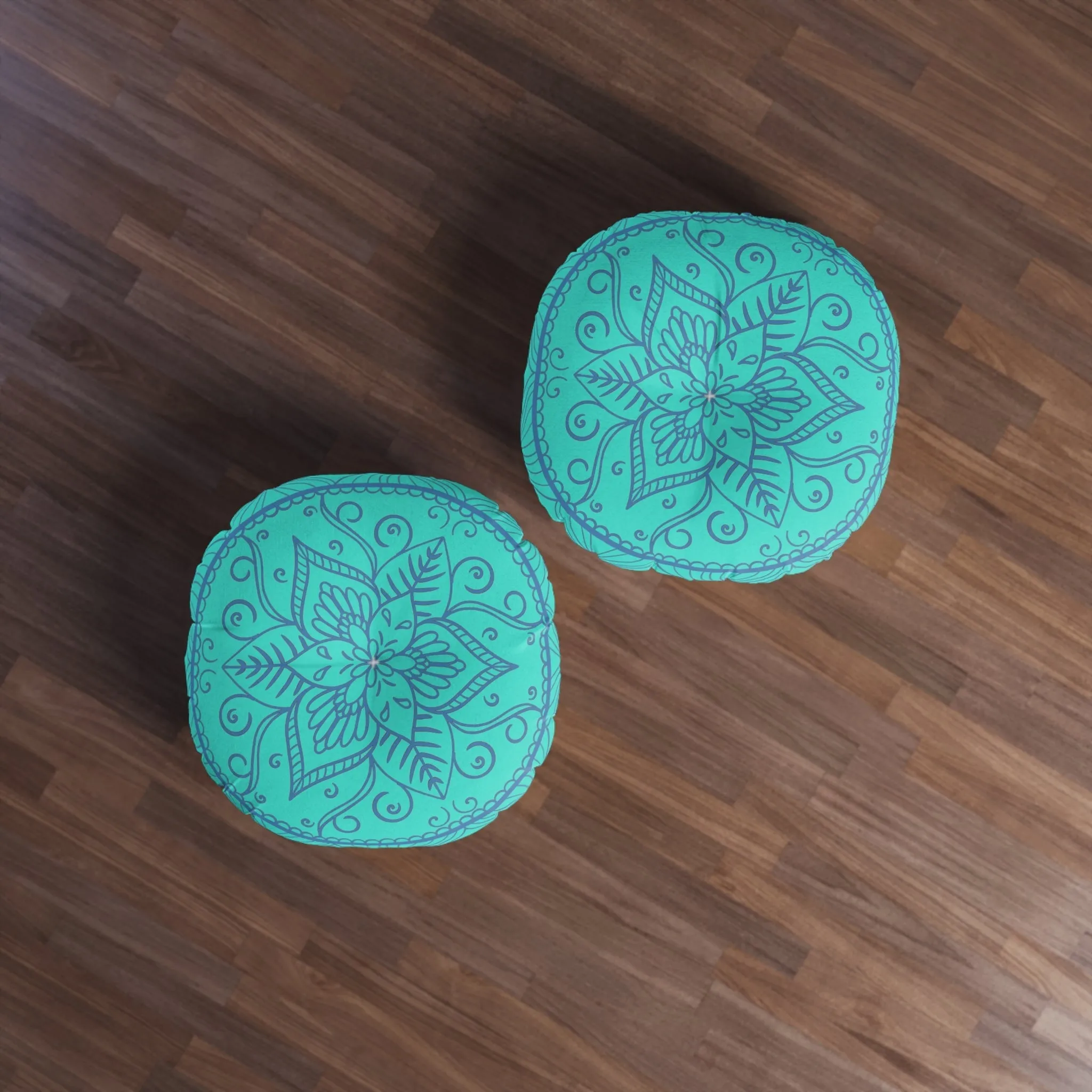 Handmade Mandala Art Floor Cushion - Steel Blue on Turquoise Background