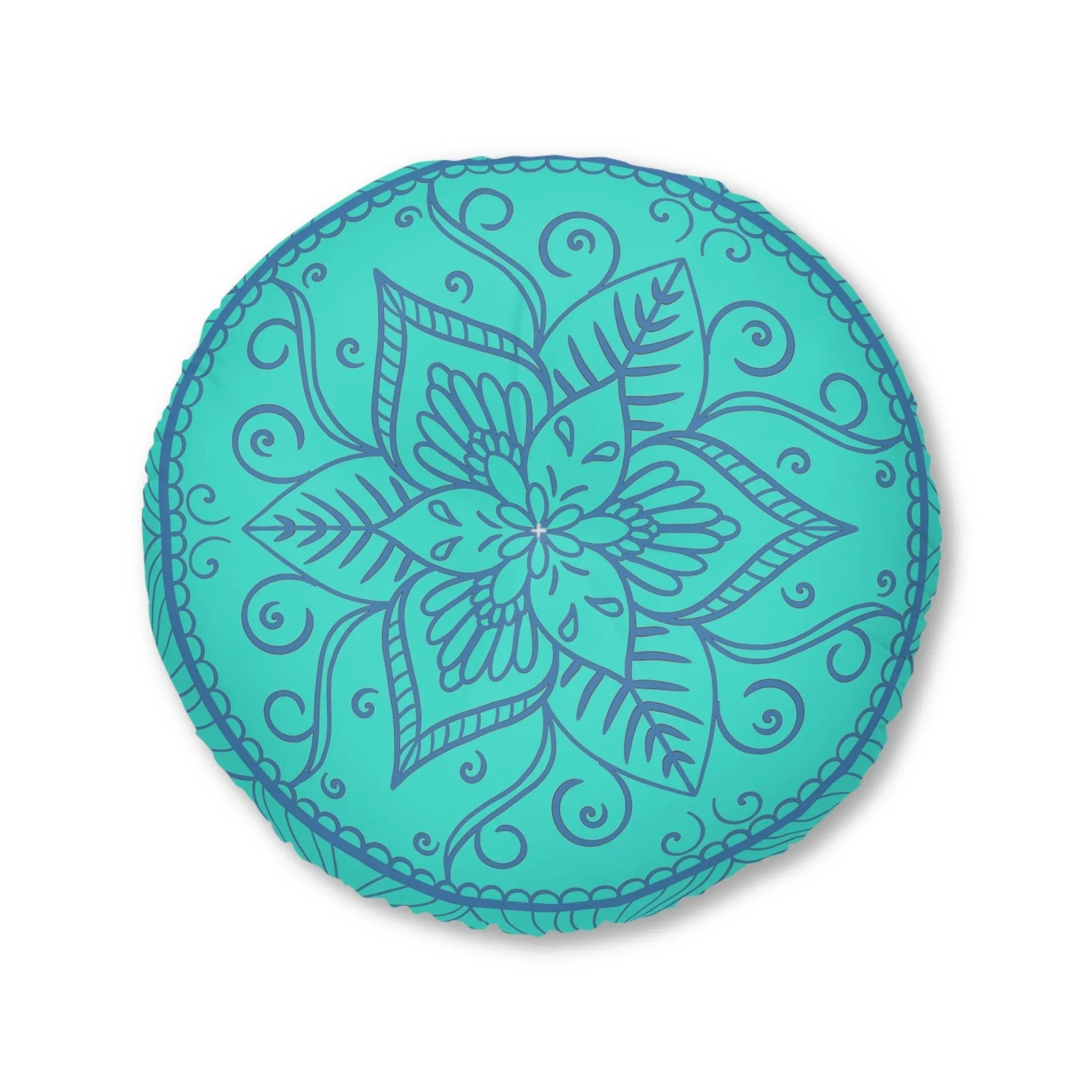 Handmade Mandala Art Floor Cushion - Steel Blue on Turquoise Background