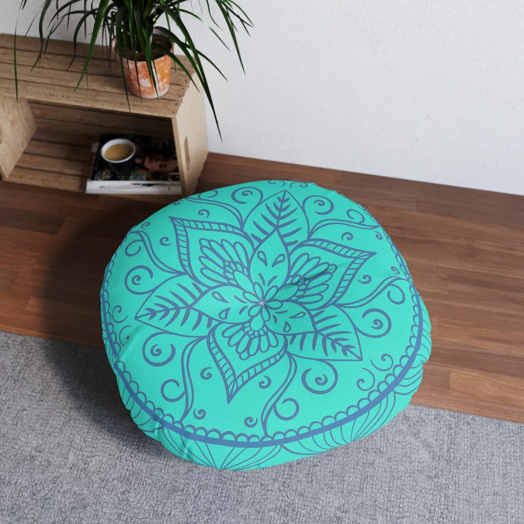 Handmade Mandala Art Floor Cushion - Steel Blue on Turquoise Background