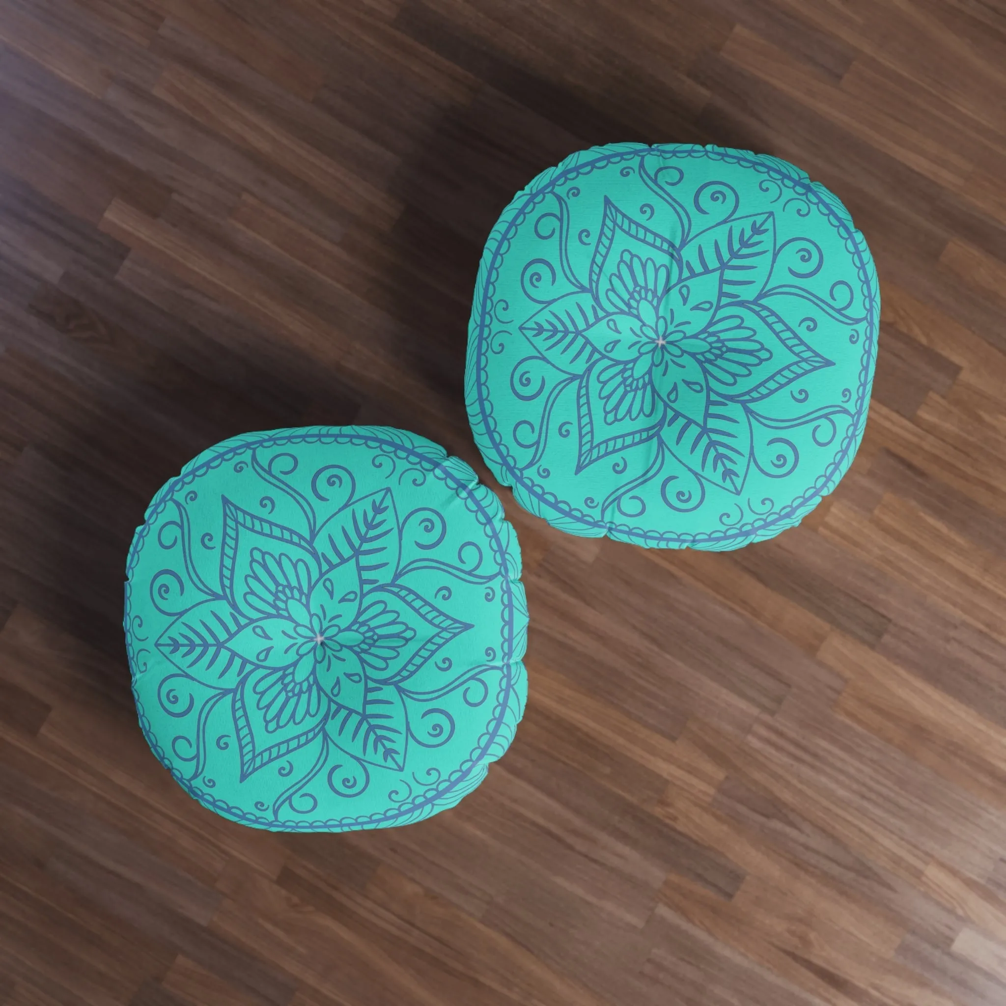 Handmade Mandala Art Floor Cushion - Steel Blue on Turquoise Background