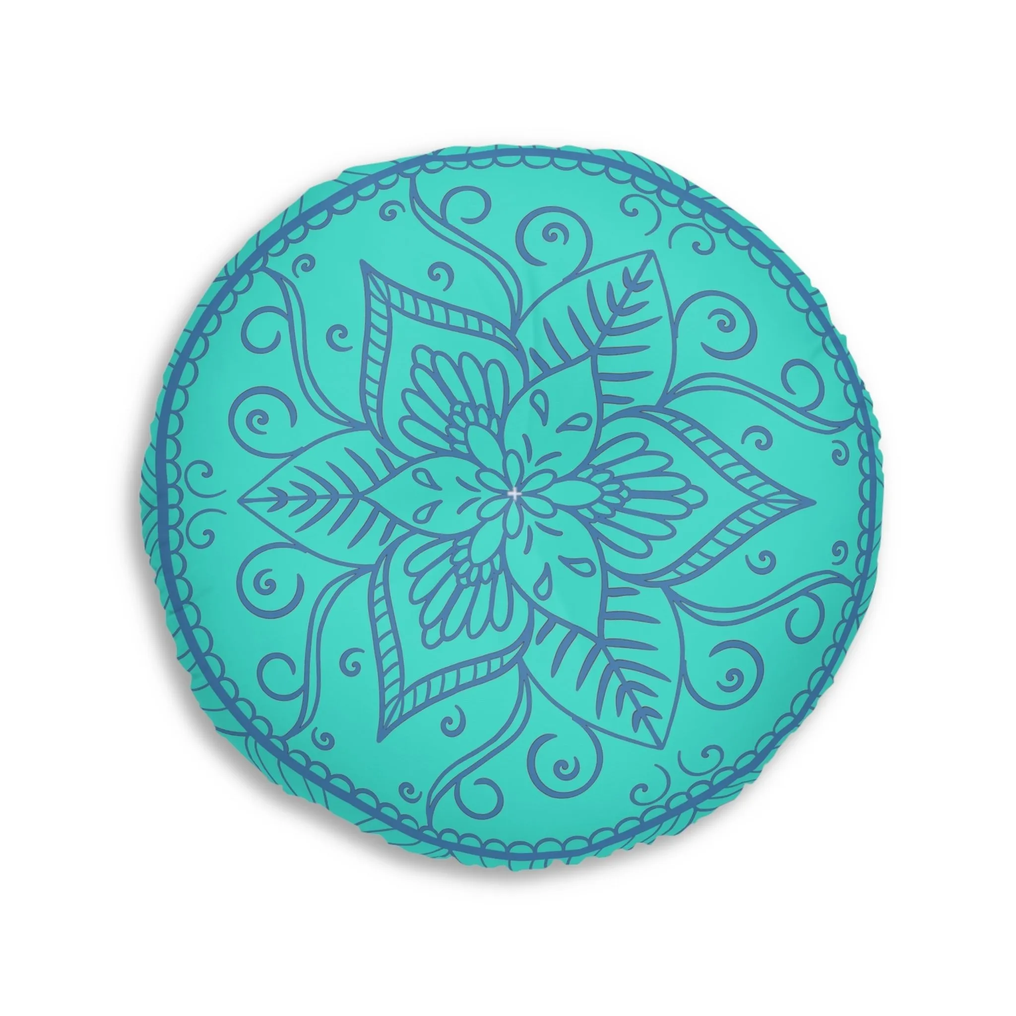 Handmade Mandala Art Floor Cushion - Steel Blue on Turquoise Background