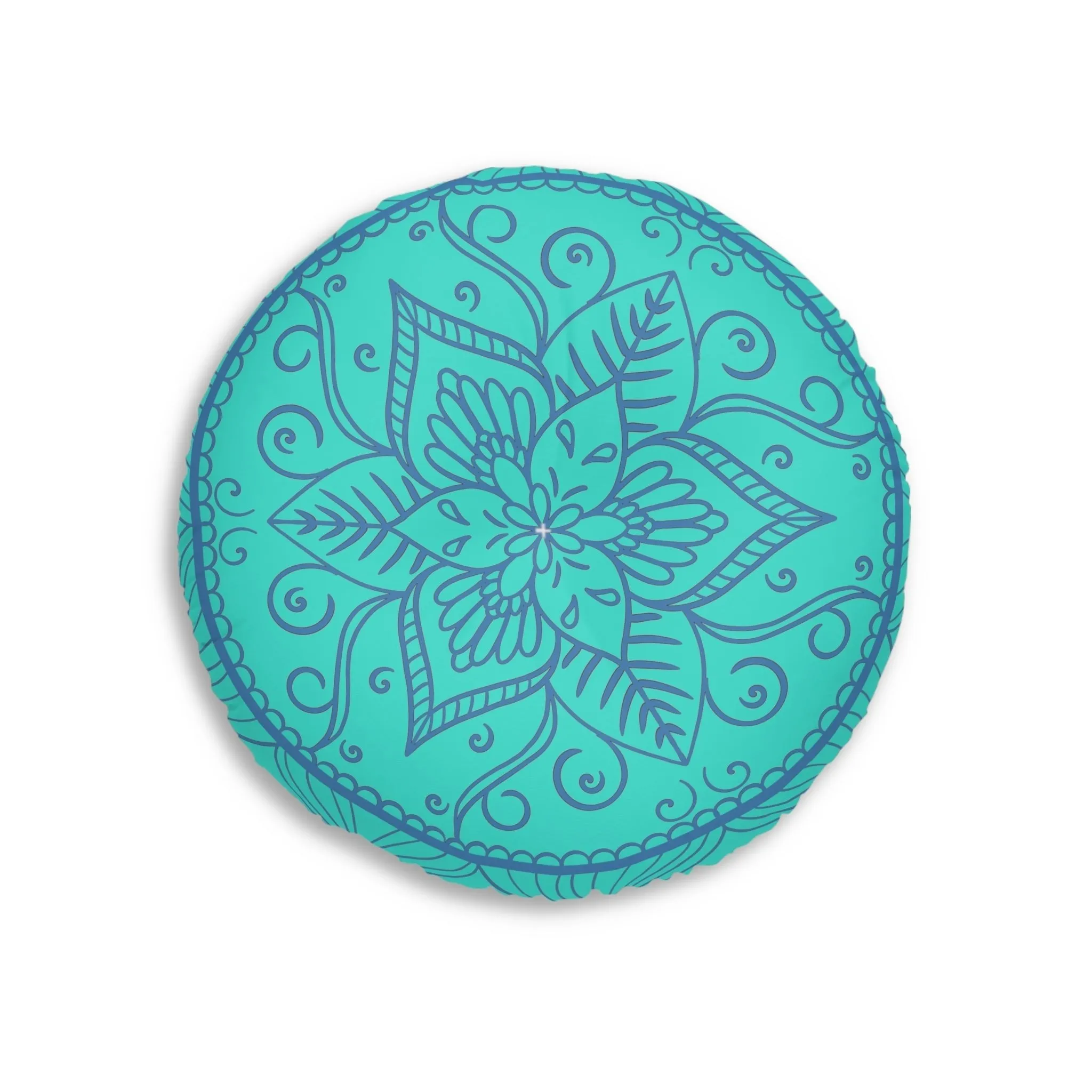 Handmade Mandala Art Floor Cushion - Steel Blue on Turquoise Background