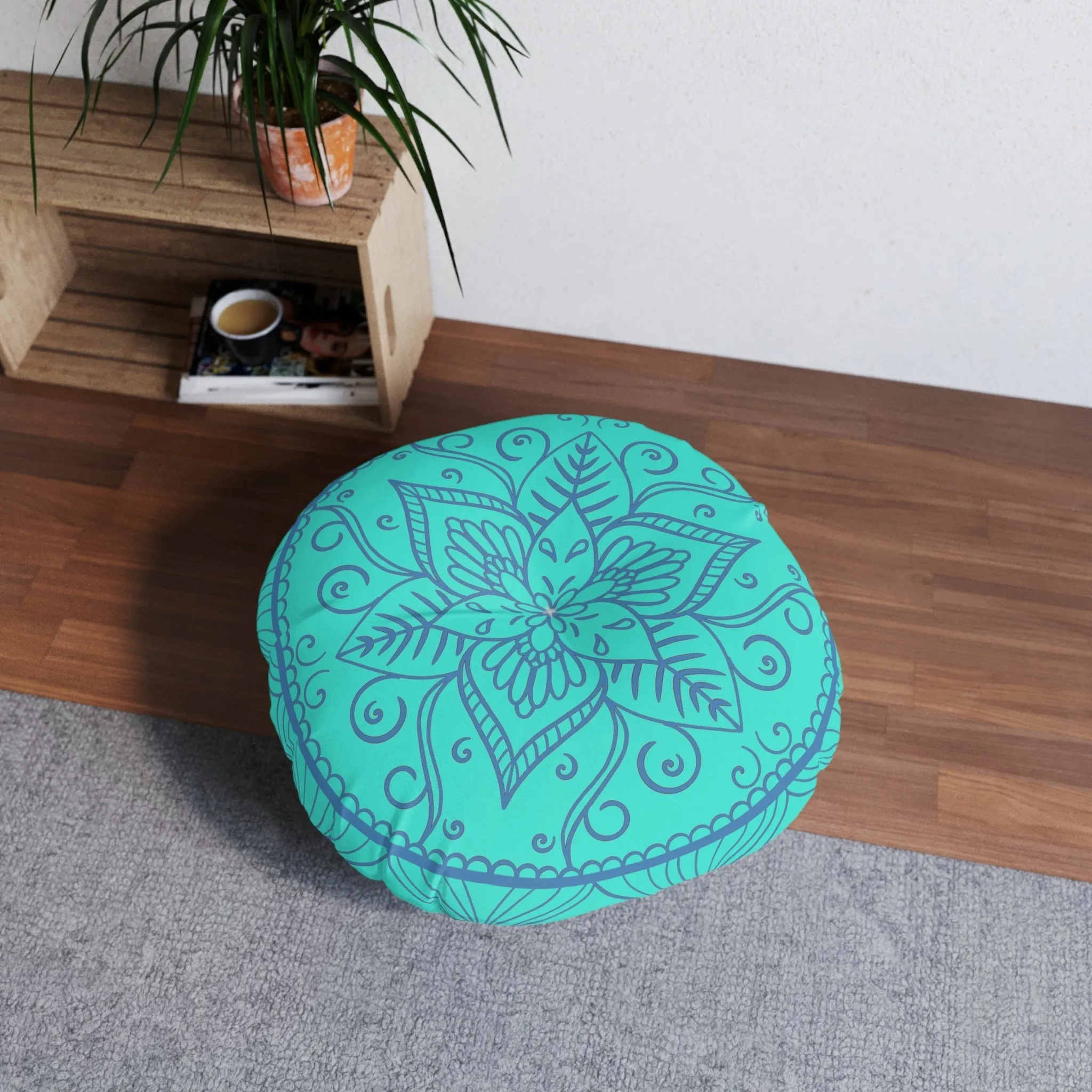 Handmade Mandala Art Floor Cushion - Steel Blue on Turquoise Background