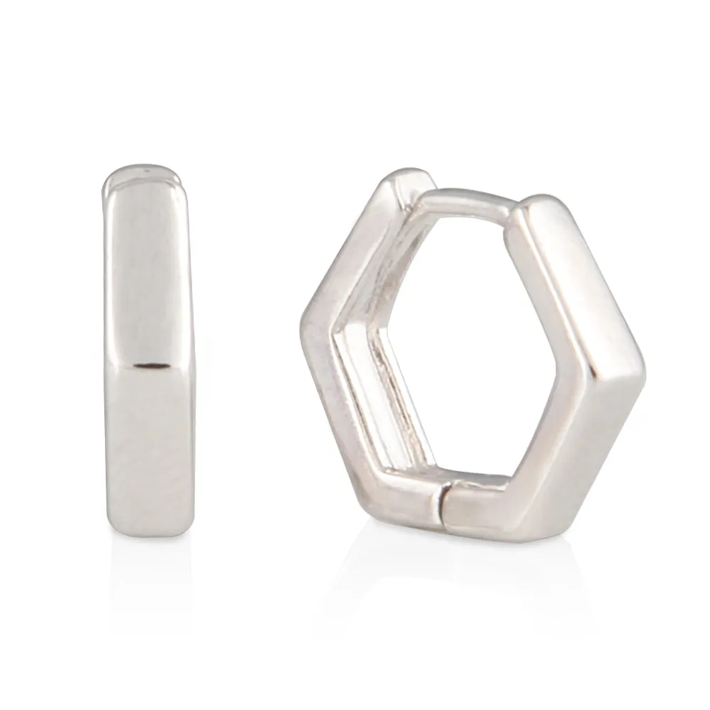 Hexagon Huggie Small Hoop Earrings 14K Gold Plated