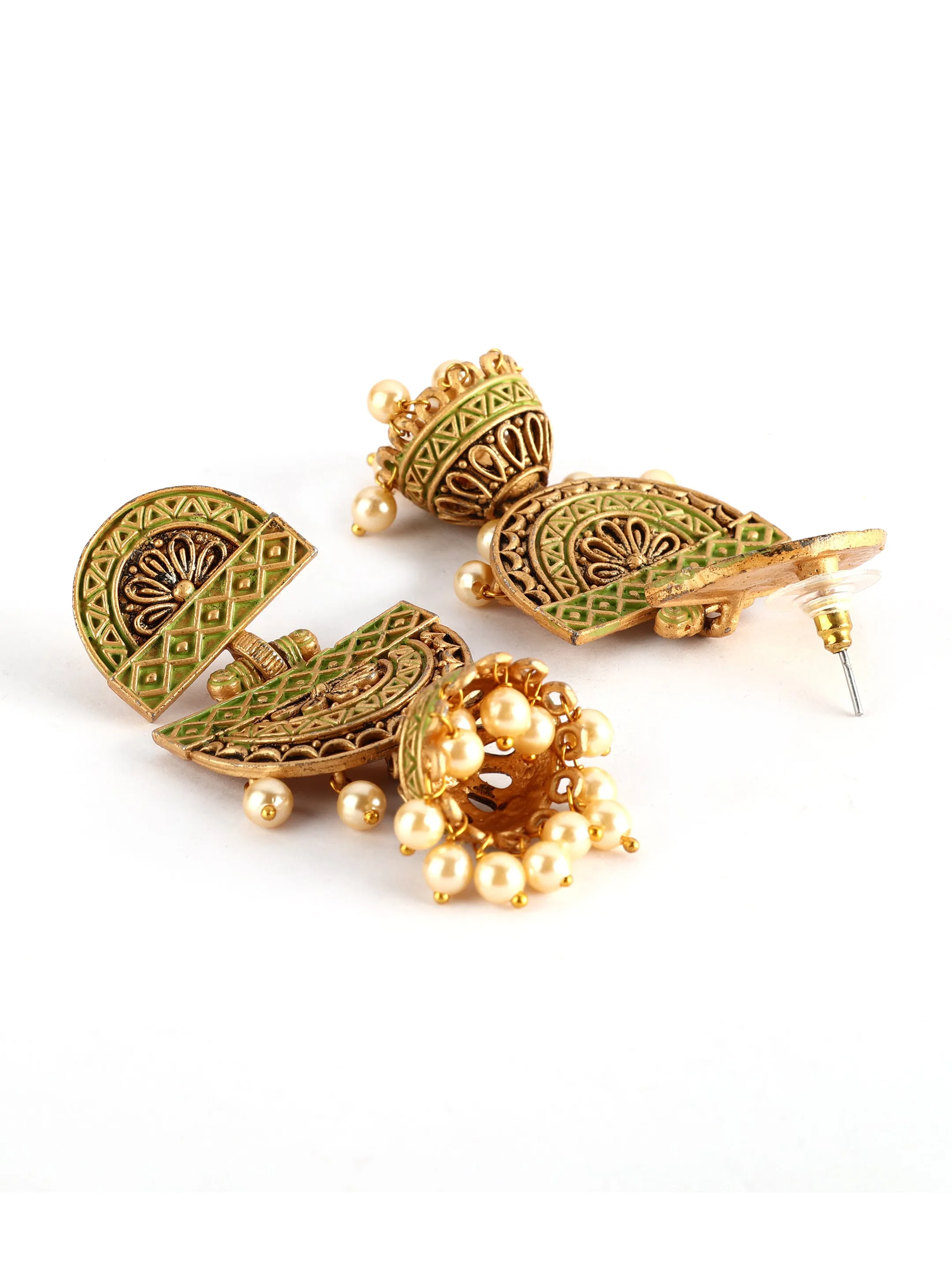 Ishin Gold Toned Green Meenakari Pearl Jhumka