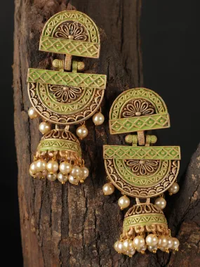 Ishin Gold Toned Green Meenakari Pearl Jhumka