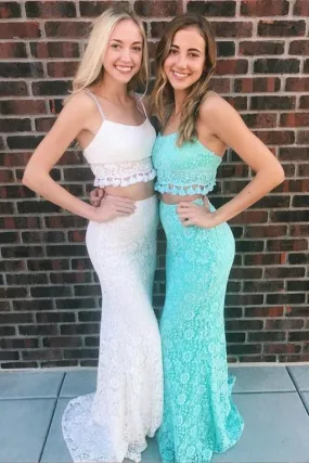 Lace Two Pieces Sexy Party Dresses Mermaid Spaghetti Straps Long Prom Dresses