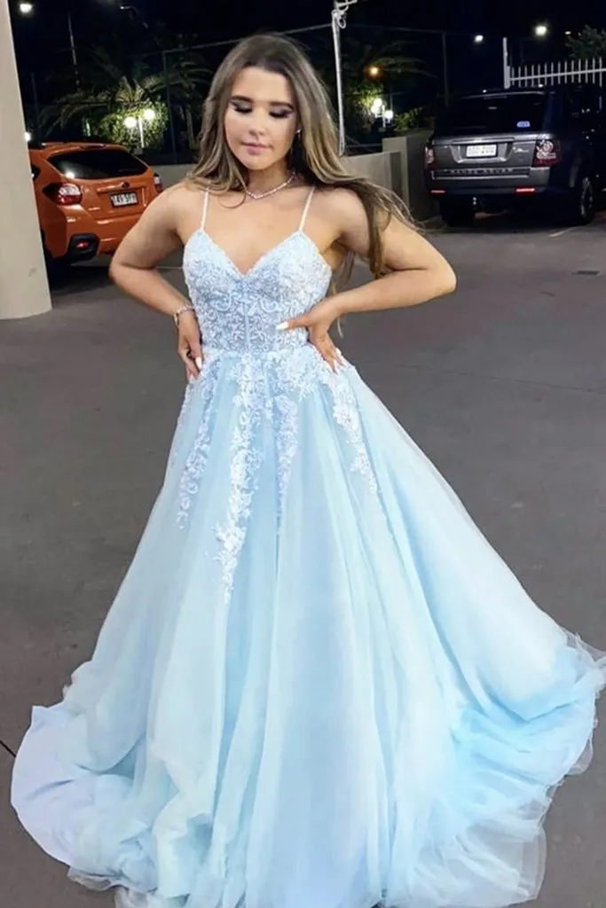 Light Blue Lace Appliques A-Line V-Neck Spaghrtti Straps Formal Evening Dresses Long Prom Dresses