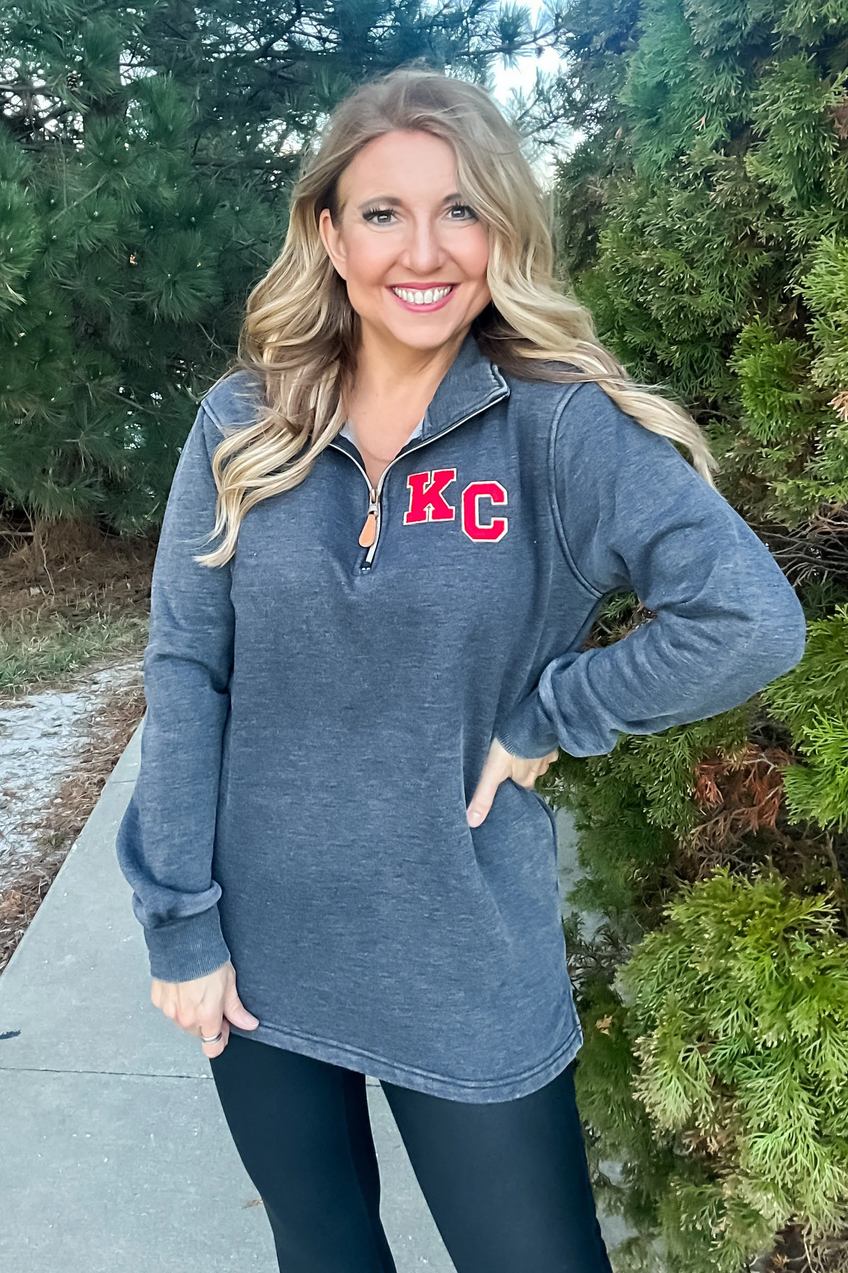 Lola 1/4 zip Vintage KC Tunic Top : Charcoal