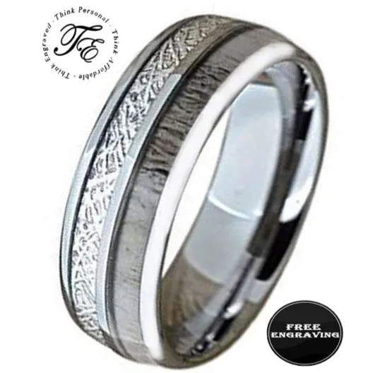 Men's Engraved Deer Antler and Meteor Tungsten Promise Ring - Deer Bone Ring