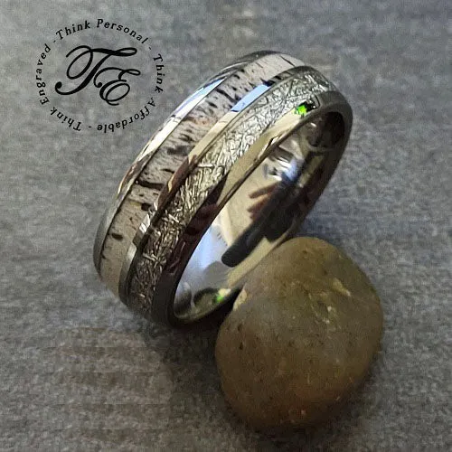 Men's Engraved Deer Antler and Meteor Tungsten Promise Ring - Deer Bone Ring